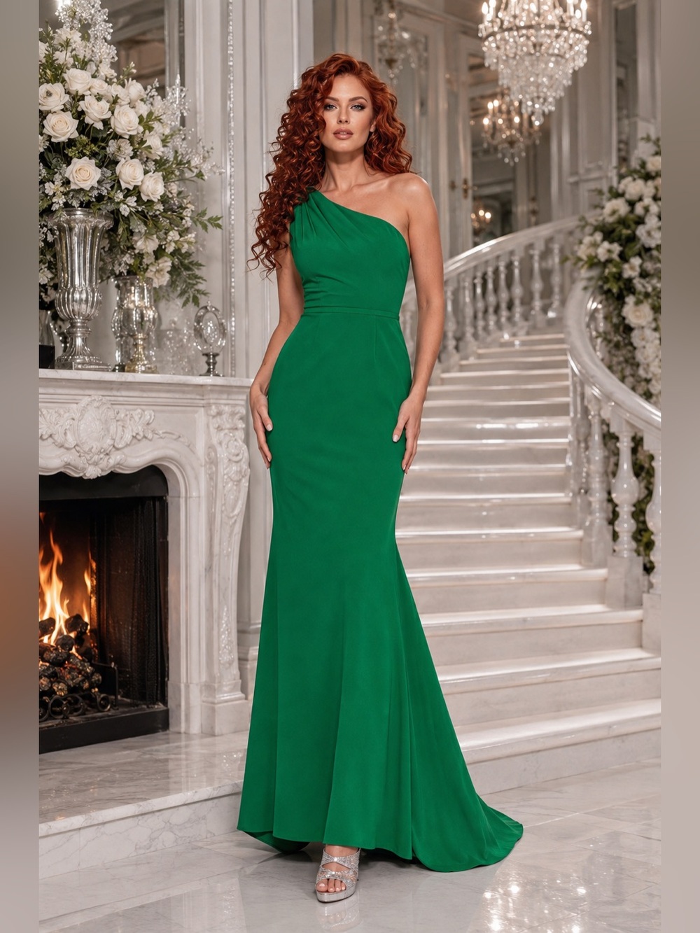 NWT IEENA Mac Duggal Emerald Green One Shoulder Formal Gown Size 6